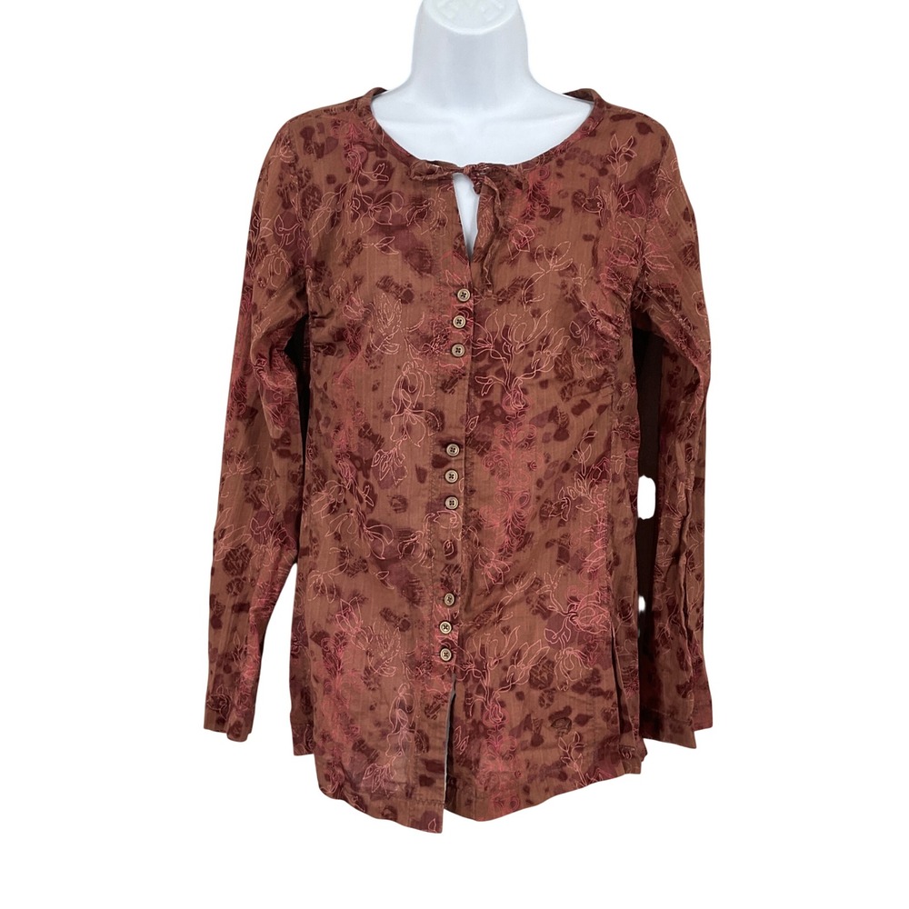 Mountain Hardwear Top Women 6 Brown‎ Cotton Floral Button Up Boho Airy Earthy